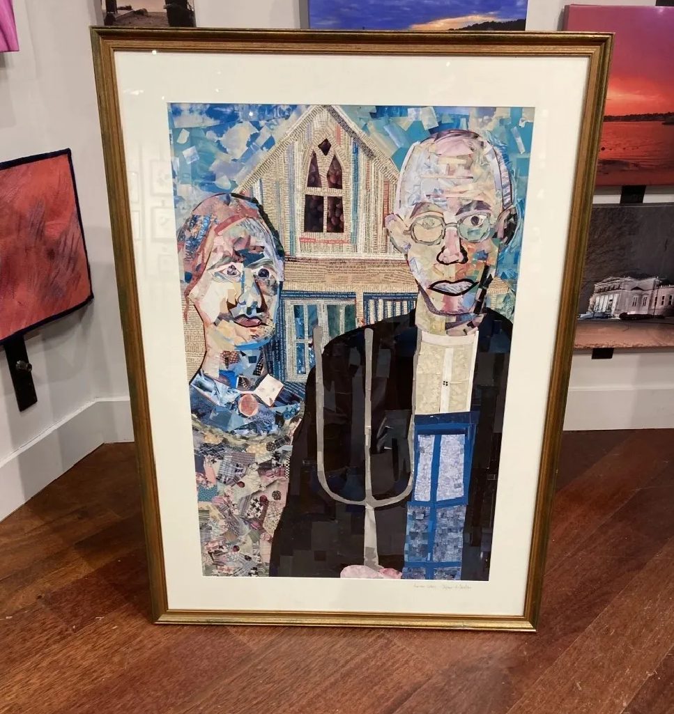 A painting of an old man and woman in front of a church.