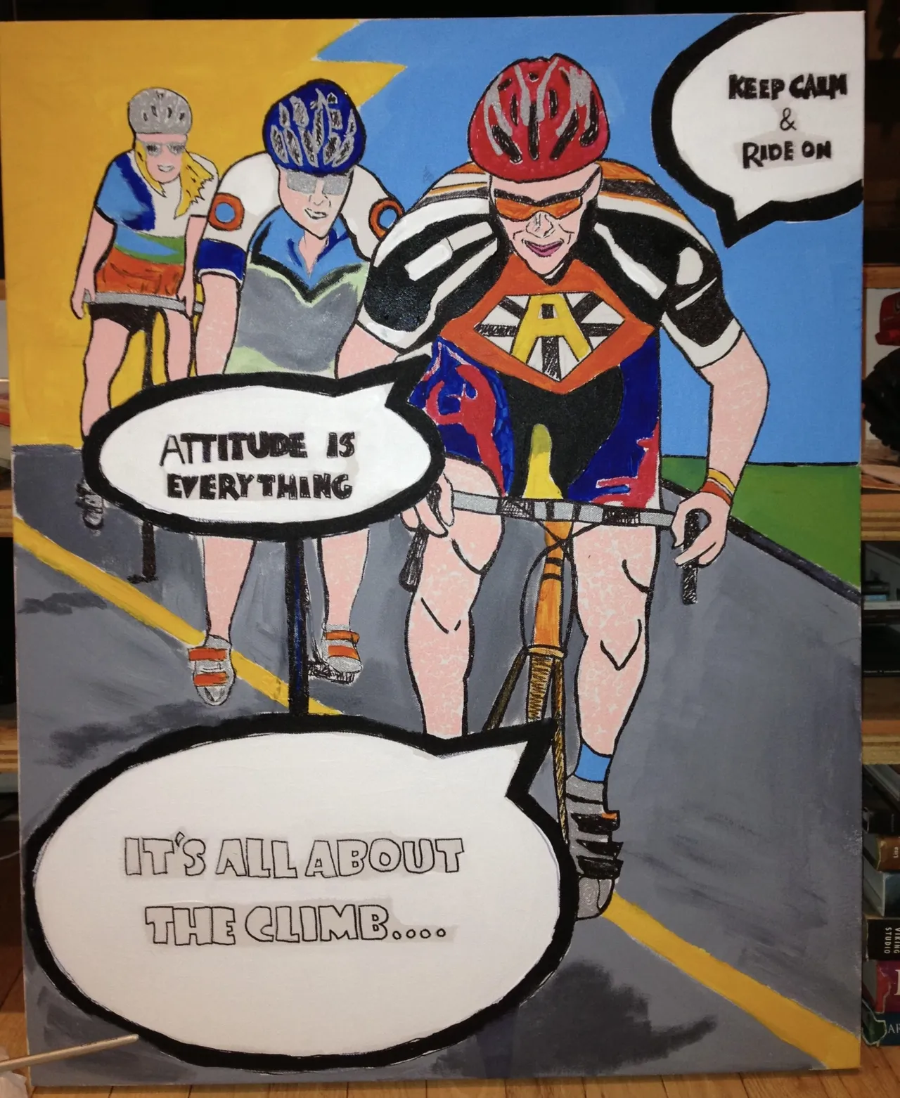 A painting of three people on bicycles with speech bubbles.